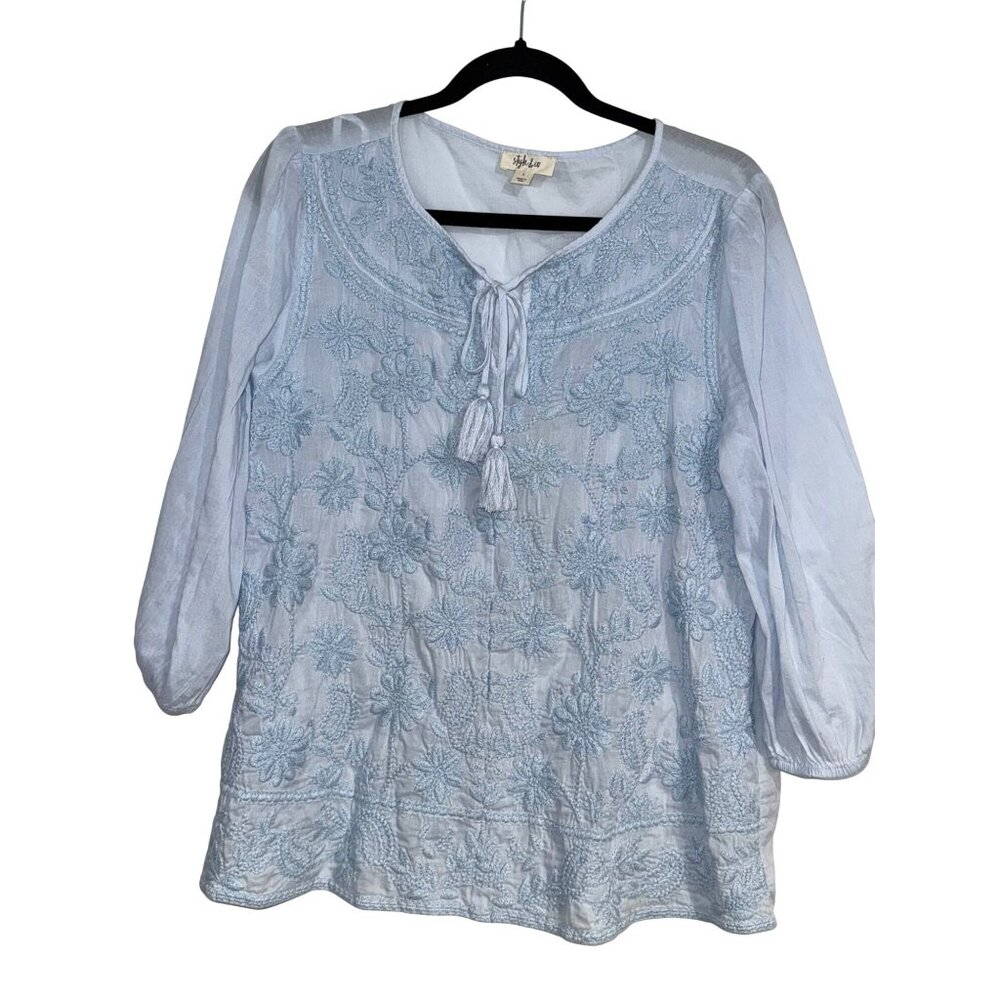 Style & Co Womens Light Blue Embroidered Tunic Top With Tassels Size L